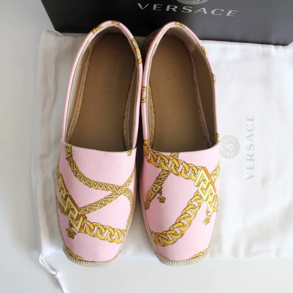 New Versace Pink & Gold Chain Graphic-Print Canvas Slip-On Espadrilles